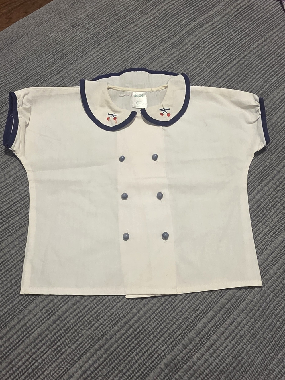 Cream Short-Sleeve Kids Top with Navy Trim and Cherry Embroidery